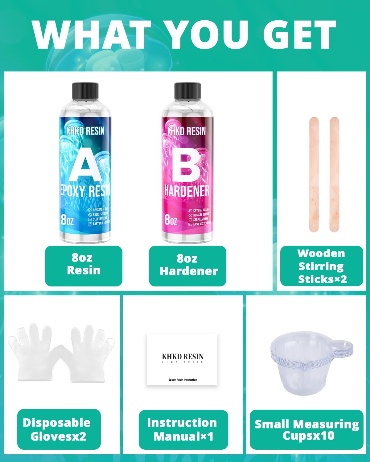 KHKD 16oz Art Resin Kit Accessories – 2 Wooden Sticks, 2 Gloves, 10 Small Measuring Cups, and 1 Instruction Manual