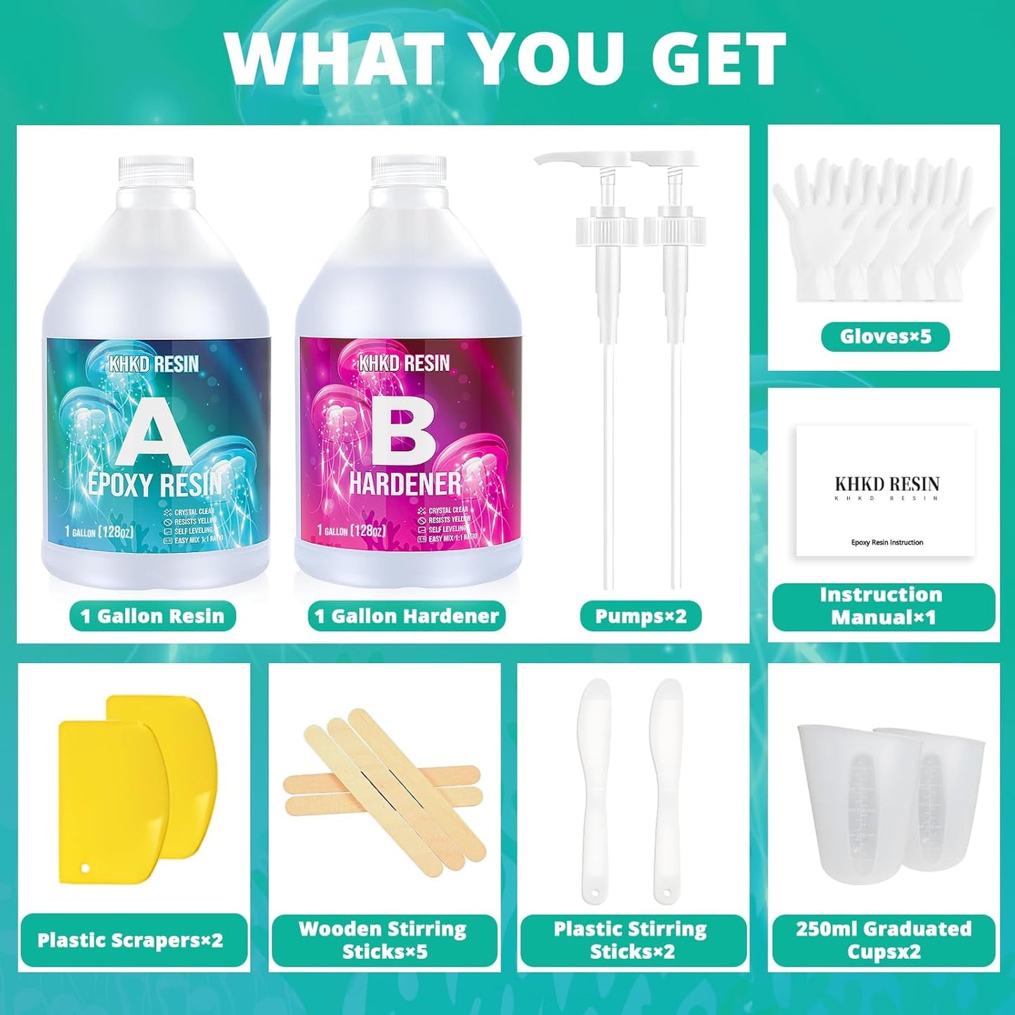 KHKD 2 Gallon Art Resin Kit Accessories – 2 Pumps, 5 Gloves, 2 Scrapers, 5 Wooden Sticks, 2 Plastic Sticks, 2 Cups, 1 Manual