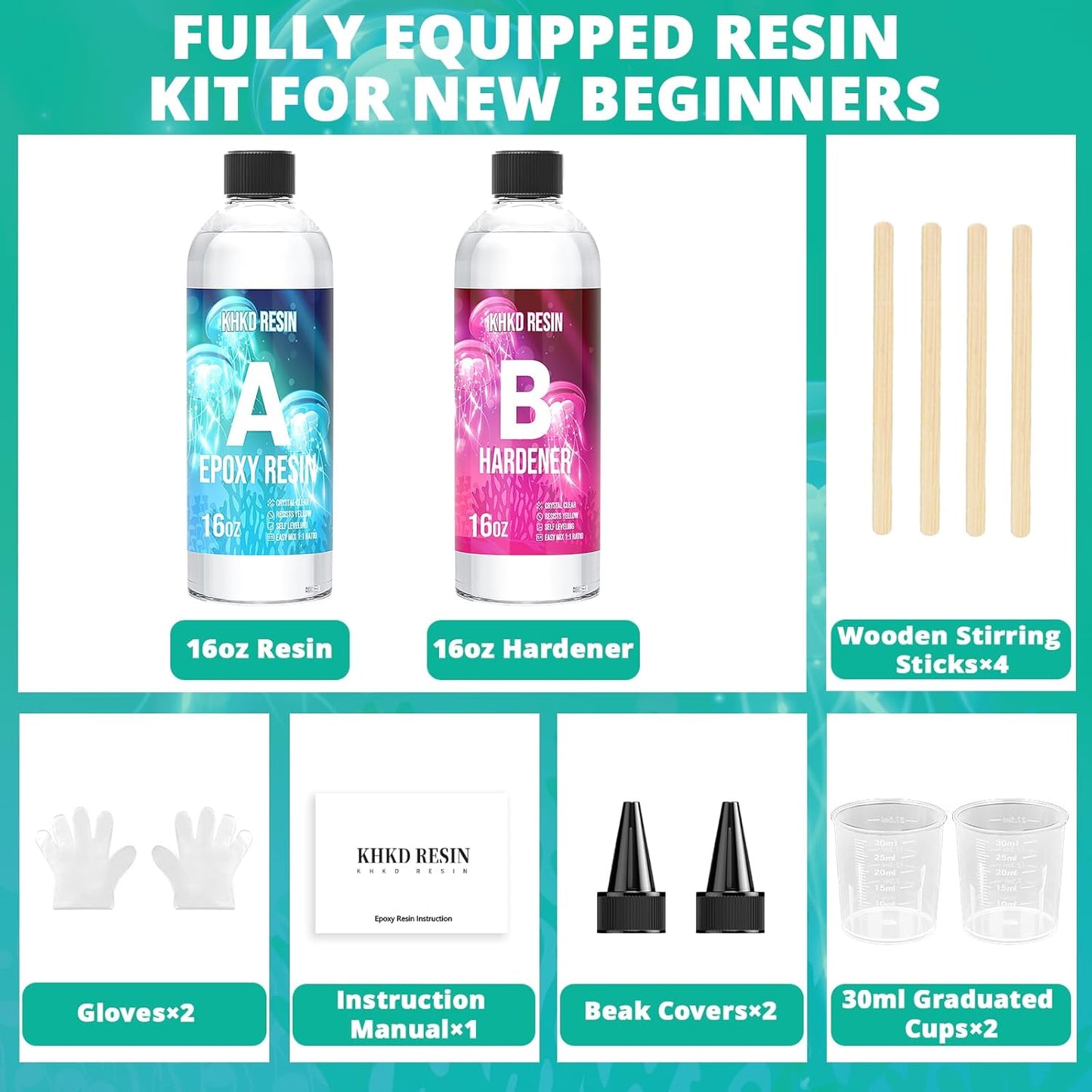 KHKD 32oz Art Resin Kit Accessories – 4 Wooden Sticks, 2 Gloves, 2 Beak Covers, 2 Measuring Cups, and 1 Manual