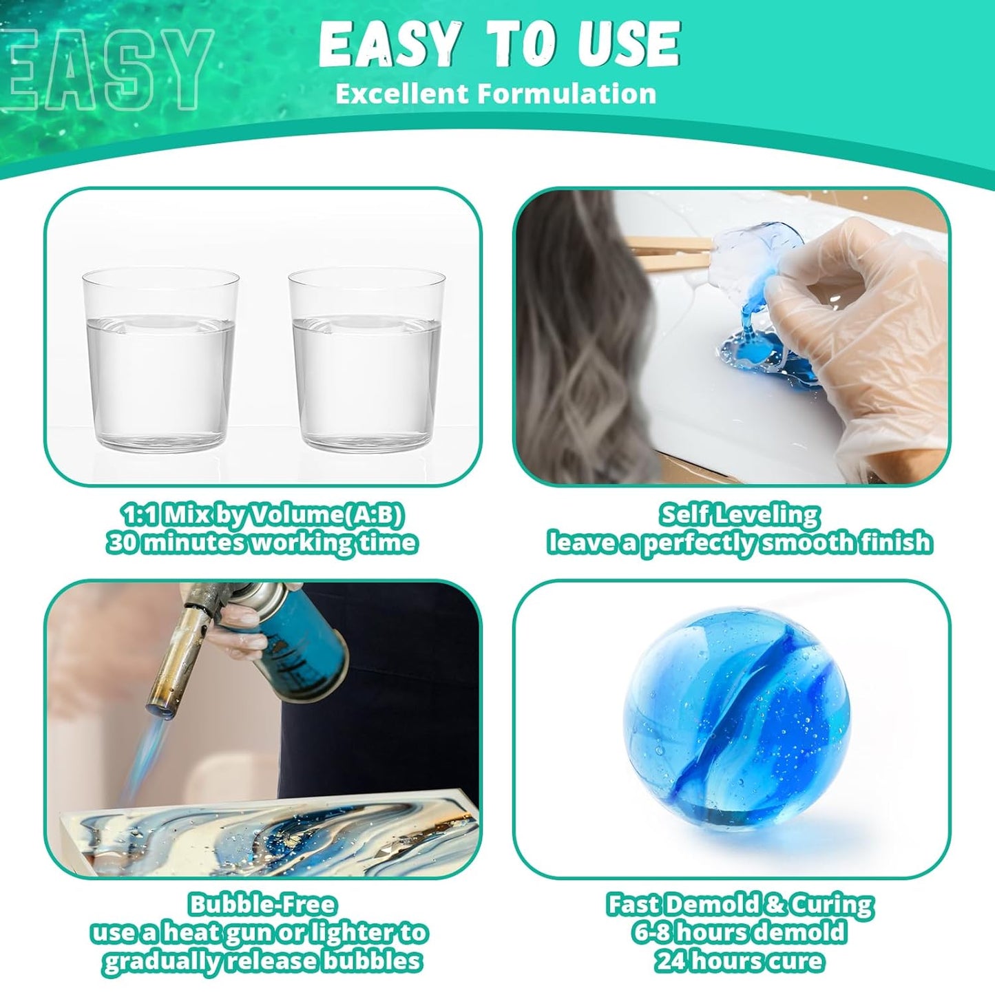 KHKD Art Resin – Easy to Use with 1:1 Mixing Ratio, 30-Minute Work Time, Self-Leveling, Bubble-Free, and Fast Curing