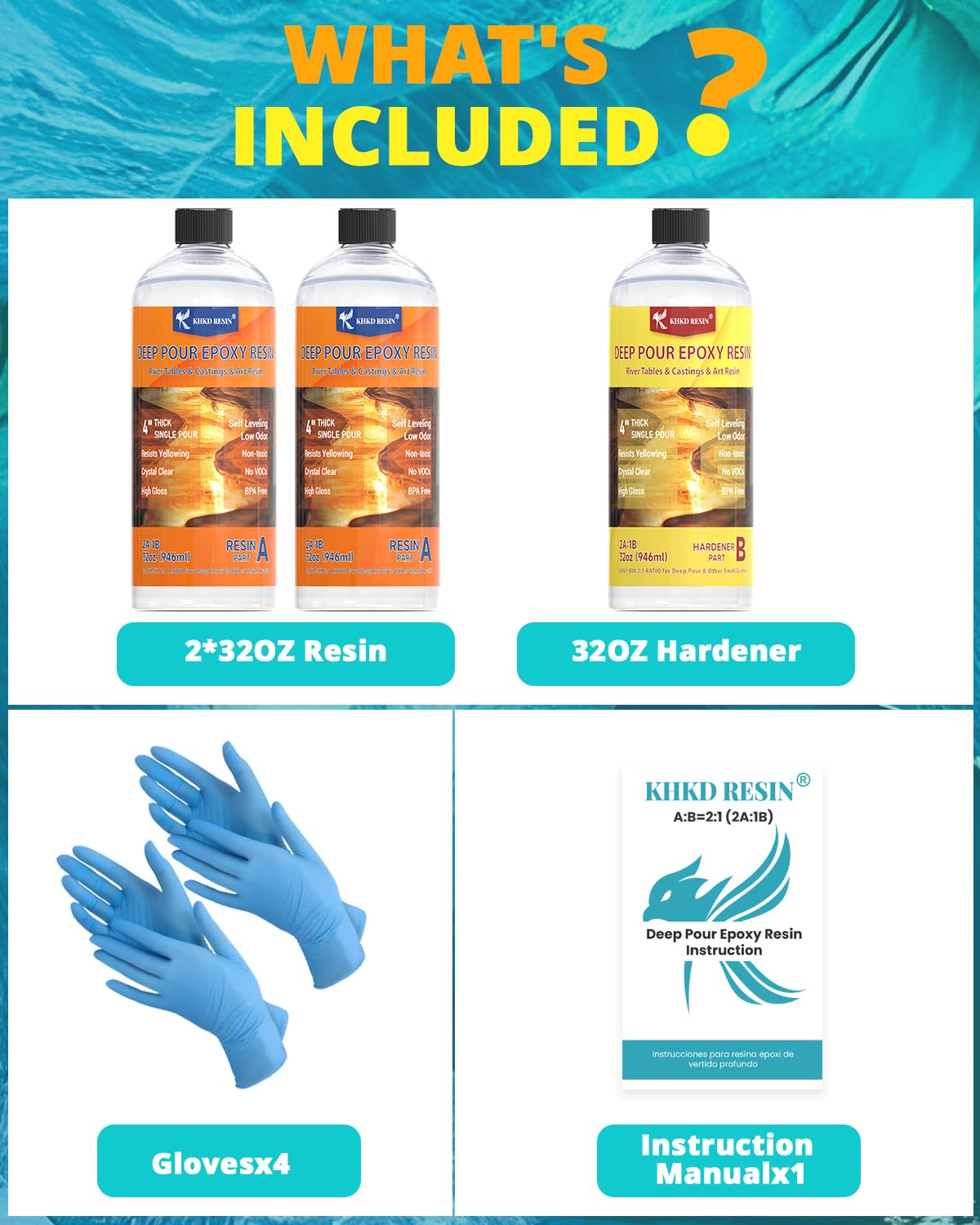 KHKD 96oz Deep Pour Epoxy Resin Kit Accessories – Includes 2×32oz Resin, 32oz Hardener, 4 Gloves, and 1 Instruction Manual