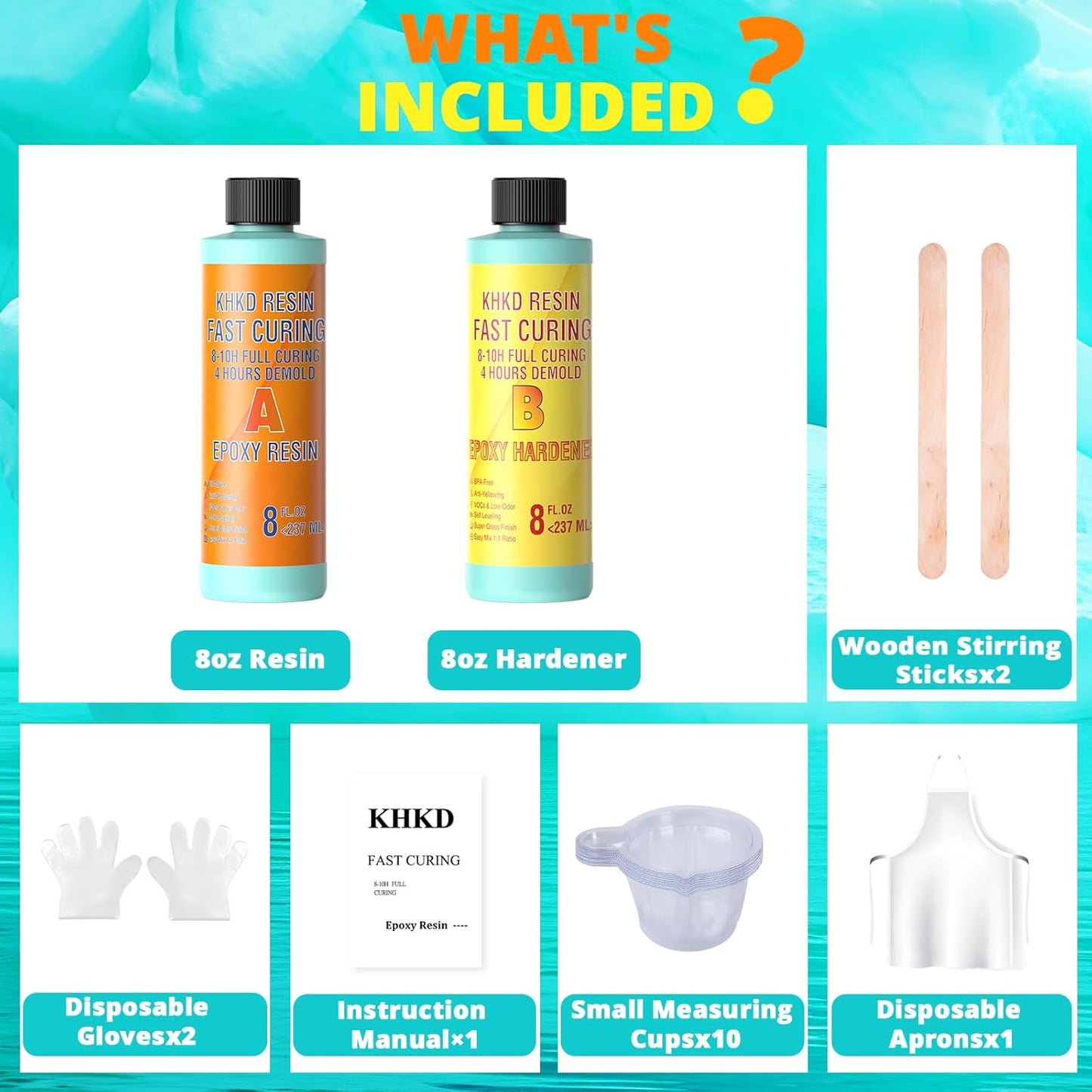 KHKD 16oz Fast Cure Resin Kit Accessories โ Gloves, Stir Sticks, Cups, Apron, Instruction Manual