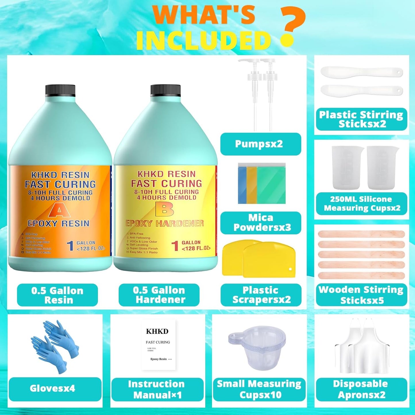 KHKD 2 Gallon Fast Cure Resin Kit Accessories โ Gloves, Pumps, Cup, Mica, Apron, Stir Sticks, Scrapers, Manual Included