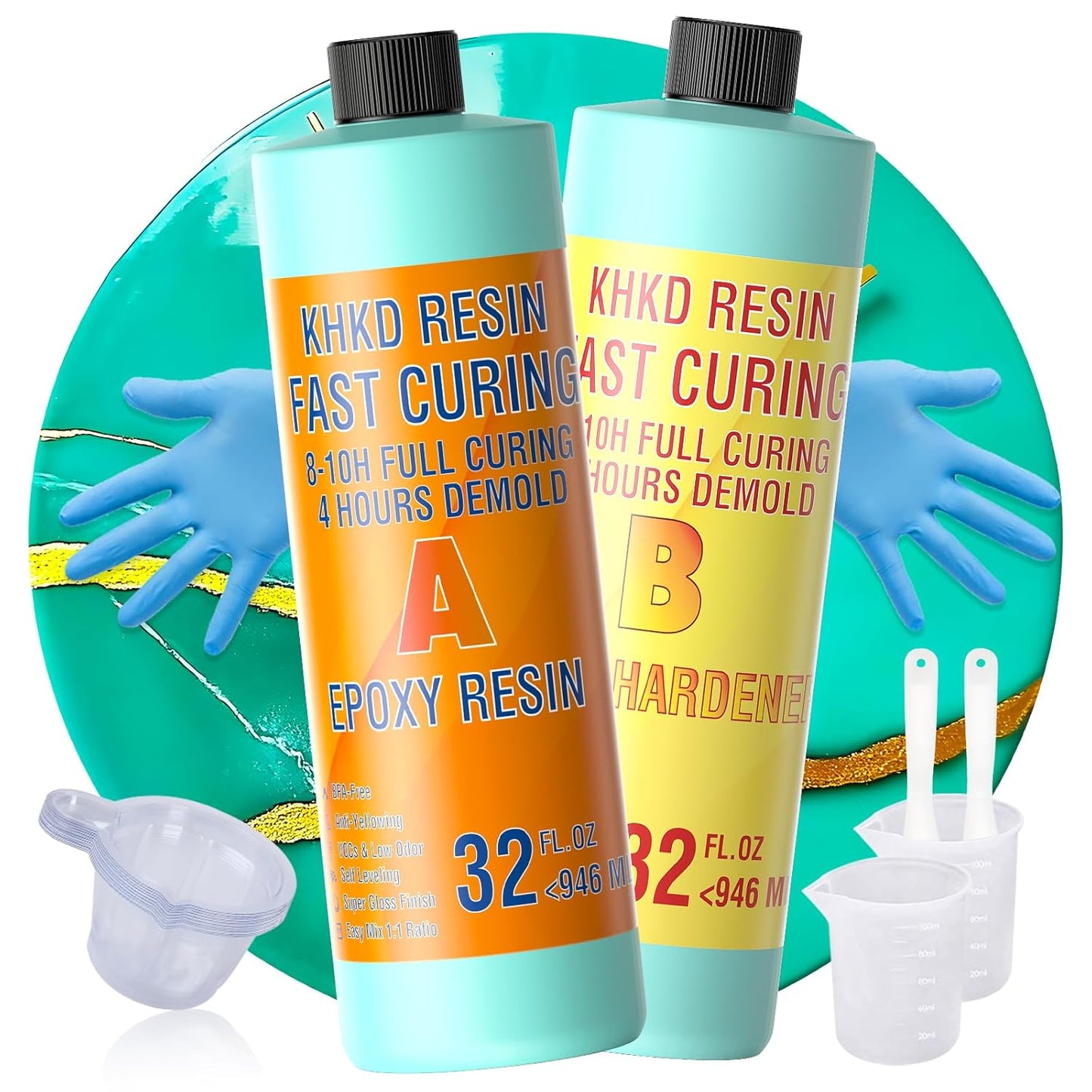 KHKD Fast Cure Resin Kit 64oz โ Clear Epoxy with 1:1 Ratio, 4 Hour Demold, 8โ10 Hour Cure, Includes Hardener