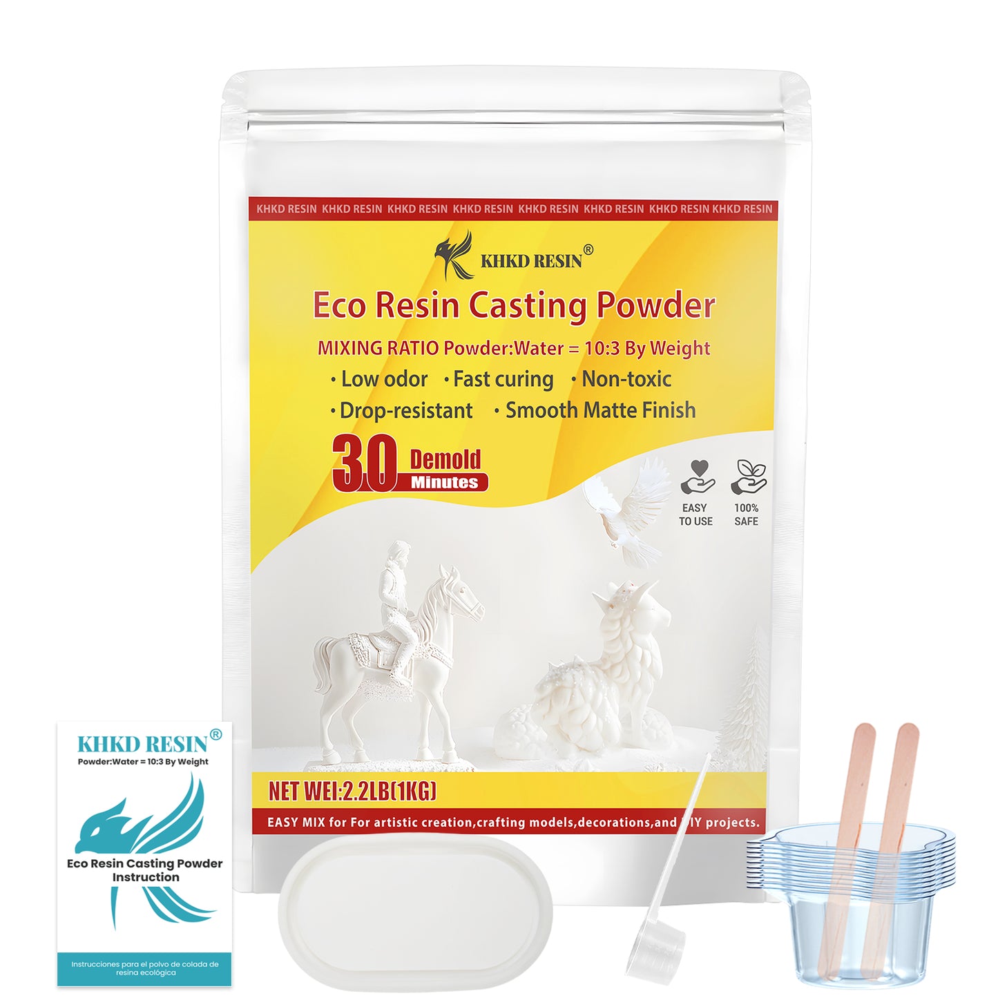 KHKD 1000g Resin Casting Powder Kit – Fine Plaster, 3:1 Ratio, 25–30 Min Demold, 2 Hr Cure for Crafts and DIY Molds