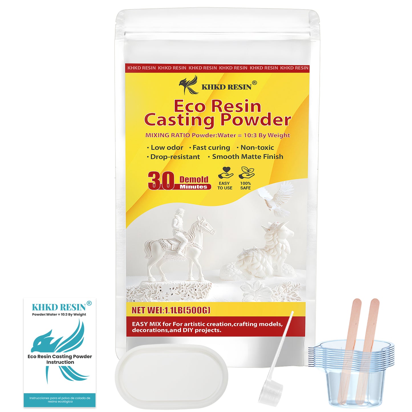 KHKD 500g Resin Casting Powder Kit – Fine Plaster, 3:1 Ratio, 25–30 Min Demold, 2 Hr Cure for Crafts and DIY Molds