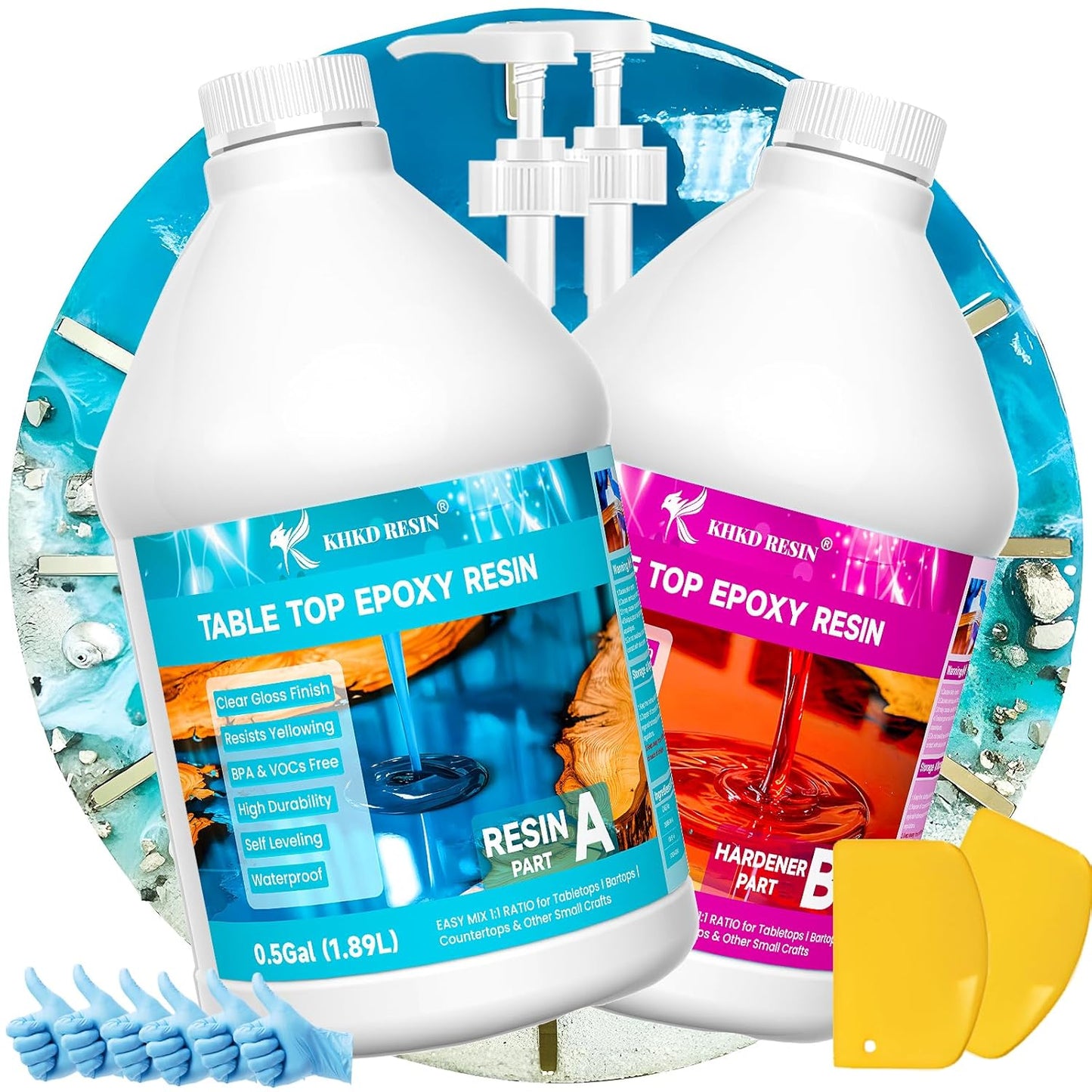 KHKD 1 Gallon Tabletop Epoxy Resin Kit – Clear Gloss, 1:1 Ratio with Resin and Hardener for DIY and Craft Projects