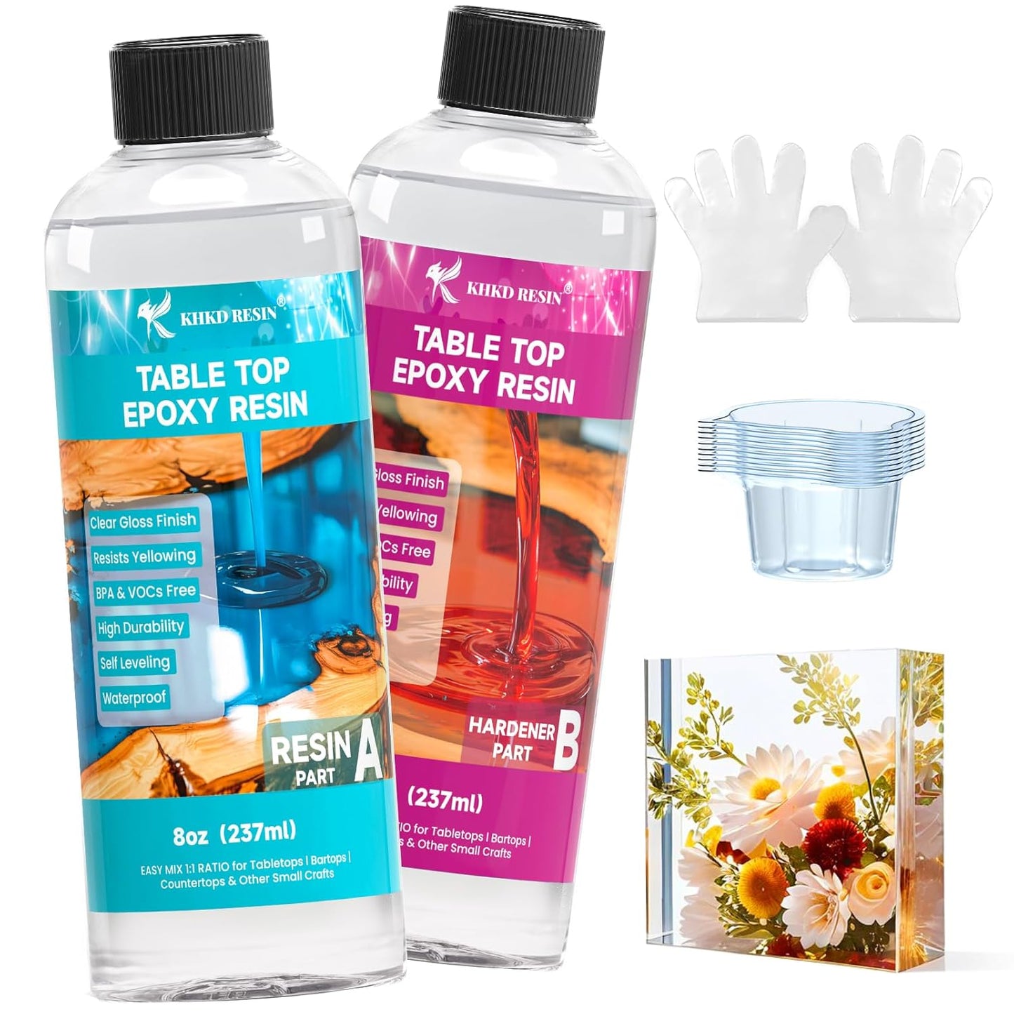KHKD 16oz Tabletop Epoxy Resin Kit – Clear Gloss, 1:1 Ratio with Resin and Hardener for DIY and Craft Projects
