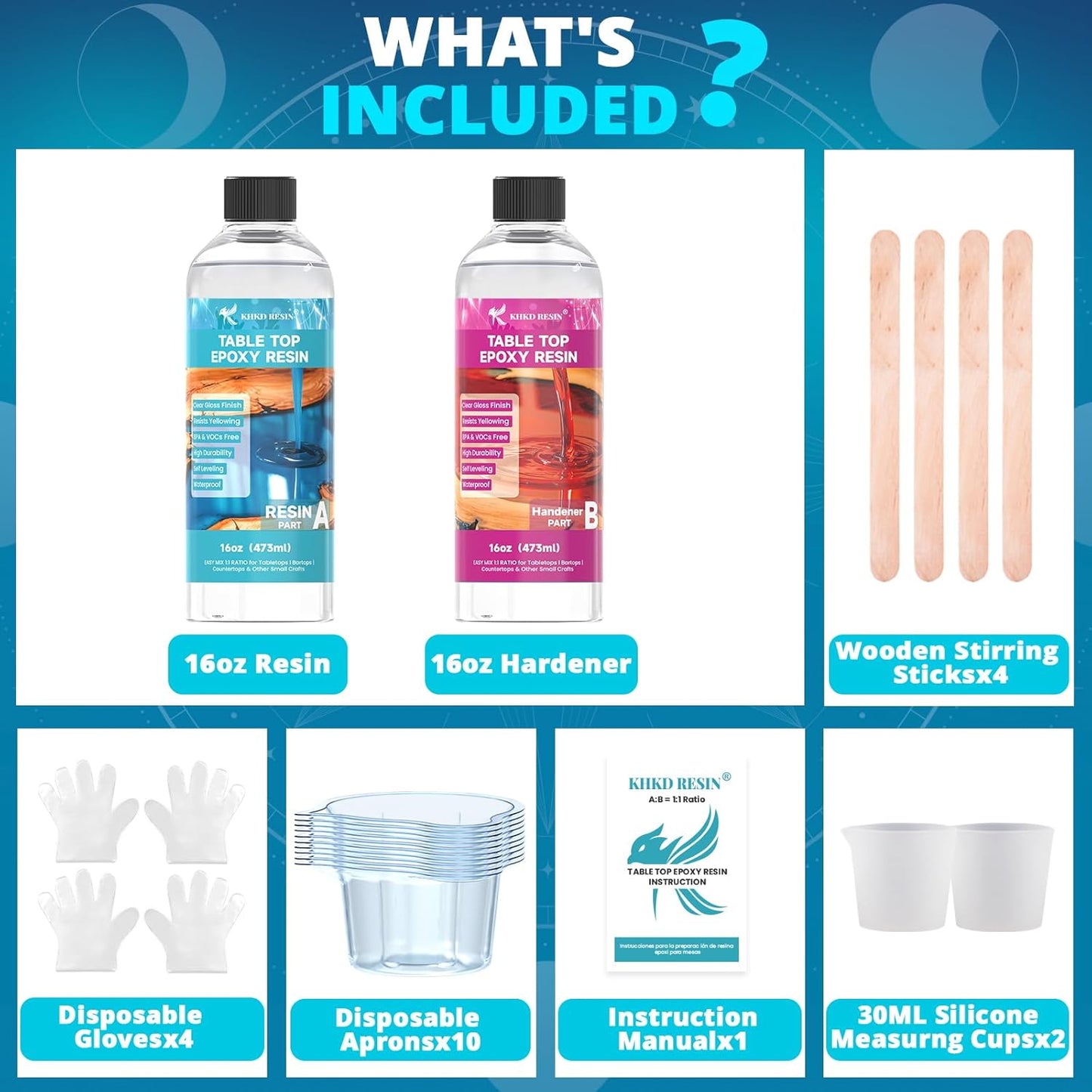 KHKD 16oz Tabletop Epoxy Resin Kit Accessories – 2 Disposable Gloves, 10 Small Measuring Cups, 2 Wooden Sticks, 1 Manual