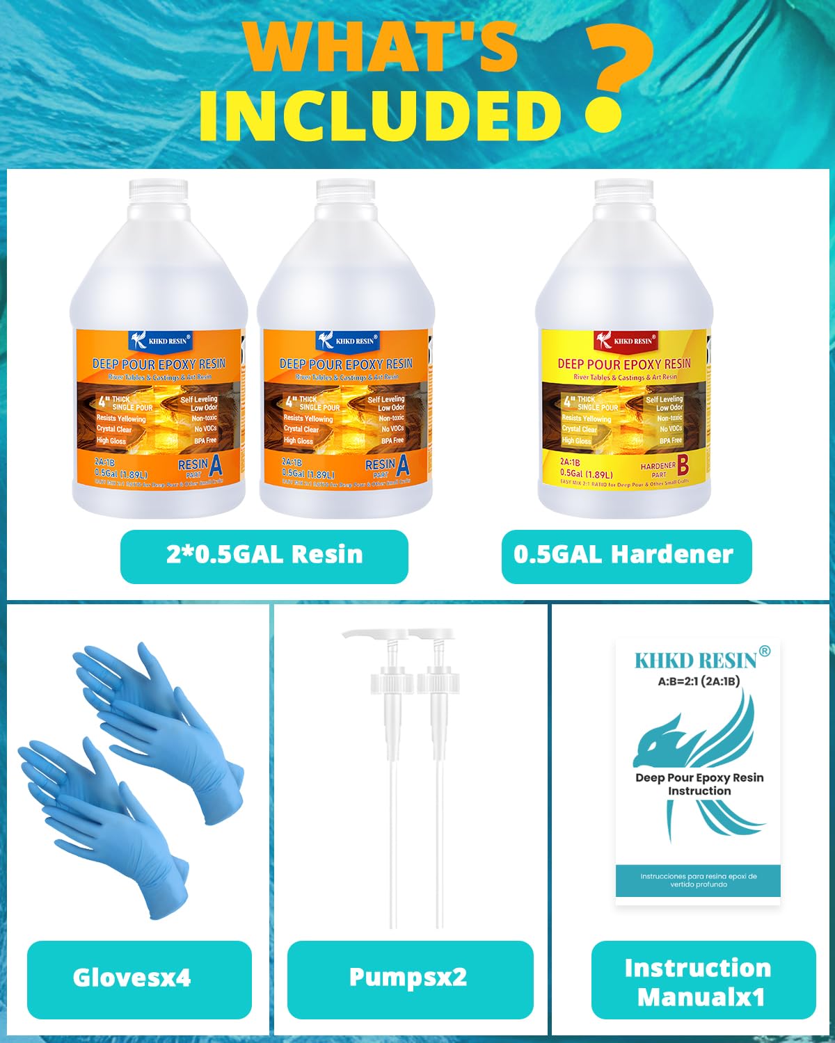 KHKD 1.5 Gallon Deep Pour Epoxy Resin Kit Accessories – 2×0.5 Gallon Resin, 0.5 Gallon Hardener, Pumps, Gloves, Manual