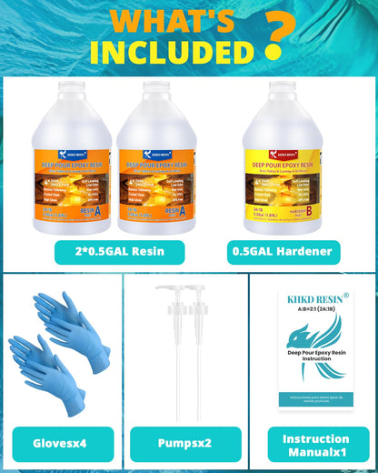 KHKD 1.5 Gallon Deep Pour Epoxy Resin Kit Accessories – 2×0.5 Gallon Resin, 0.5 Gallon Hardener, Pumps, Gloves, Manual