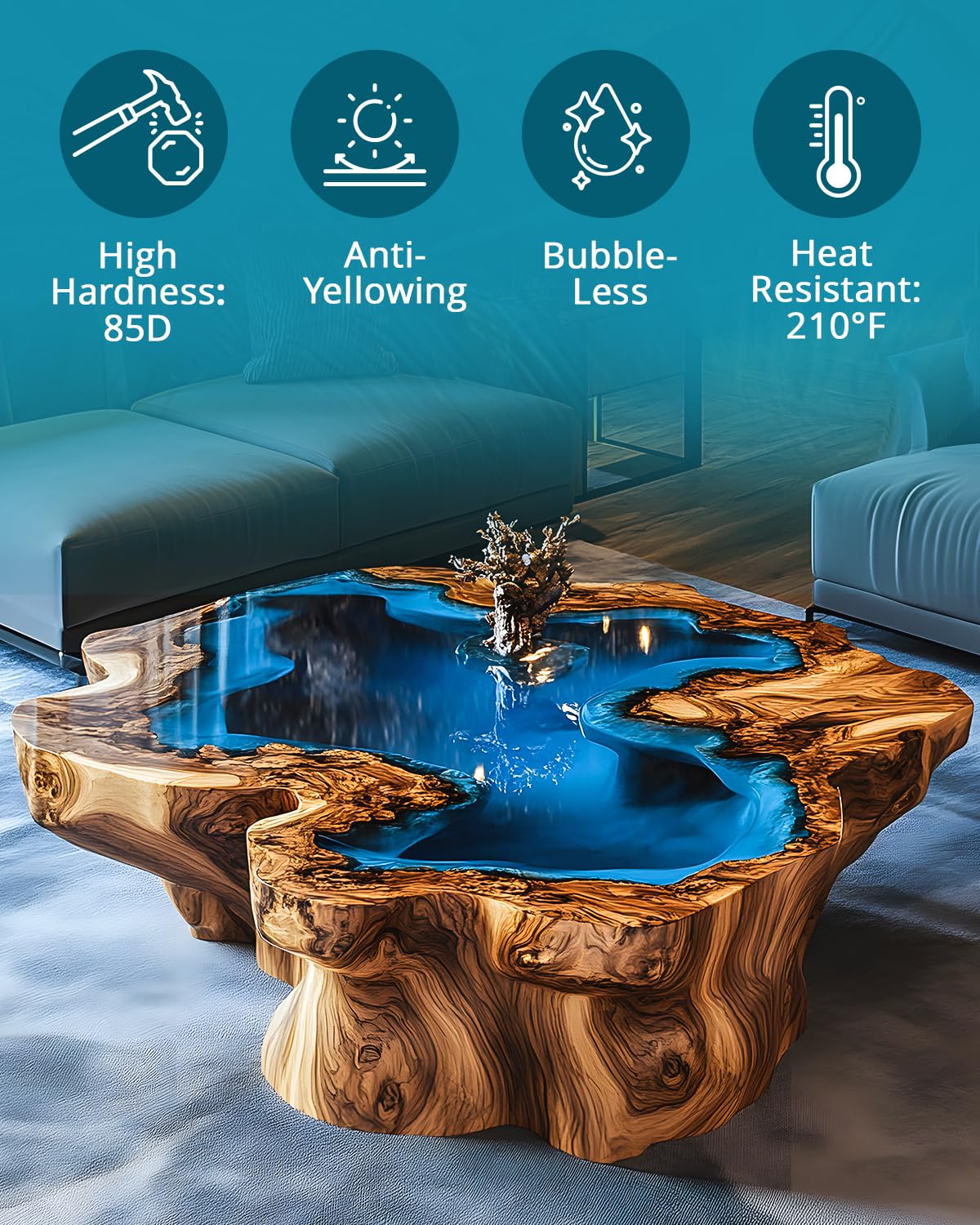 KHKD Deep Pour Epoxy Resin – High Hardness 85D, Anti-Yellowing, Bubble-Free, and Heat Resistant up to 210°F for River Tables
