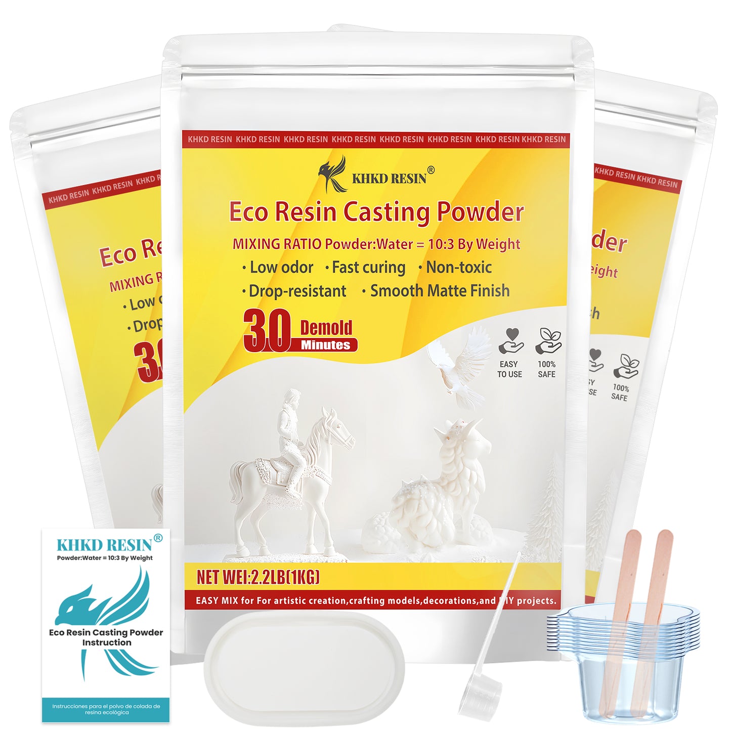 KHKD 3000g Resin Casting Powder Kit – Fine Plaster, 3:1 Ratio, 25–30 Min Demold, 2 Hr Cure for Crafts and DIY Molds